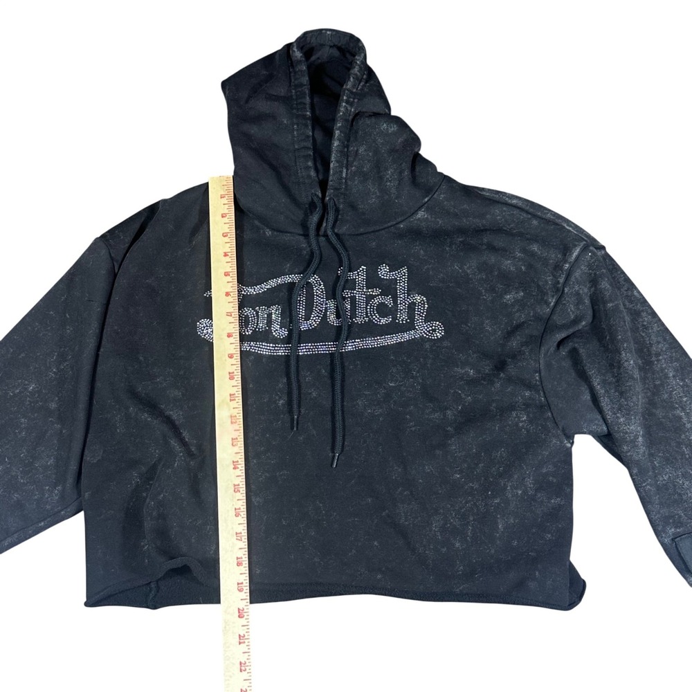 Von Dutch Hoodie Womens Medium Black Acid Wash Rhinestone Logo Cropped Pullover - Picture 5 of 9